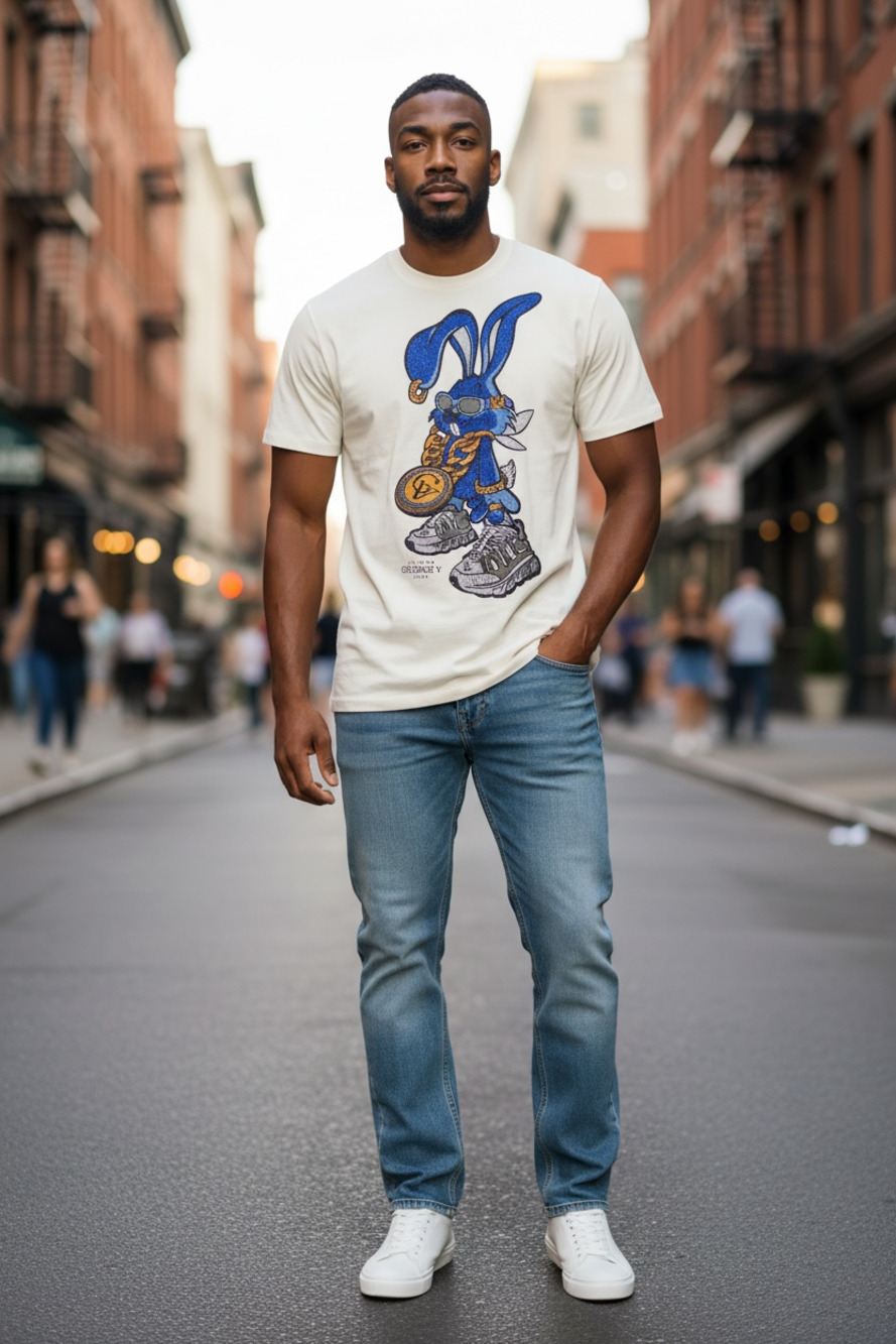 Avenue George V Paris Crystal Rhinestone Blue Bunny Graphic T-Shirt Men’s XL